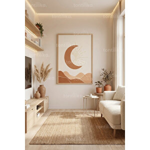 Kum Tonlarında Hilal Minimal Dekoratif Ahşap Çerçeveli Tablo – Modern Salon Dekoru 21x30 cm