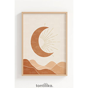 Kum Tonlarında Hilal Minimal Dekoratif Ahşap Çerçeveli Tablo – Modern Salon Dekoru 30x42 cm