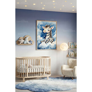 Bulutlar Üzerinde Sevimli Zebra Dekoratif Ahşap Çerçeveli Tablo – Çocuk Odası Dekoru 30x42 cm