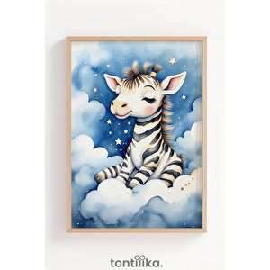 Bulutlar Üzerinde Sevimli Zebra Dekoratif Ahşap Çerçeveli Tablo – Çocuk Odası Dekoru 30x42 cm