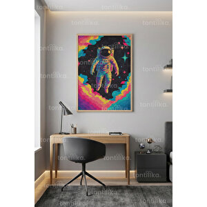 Renkli Astronot Tasarımı Dekoratif Ahşap Çerçeveli Tablo – Uzay Ve Neon Sanat Duvar Dekoru 30x42 cm