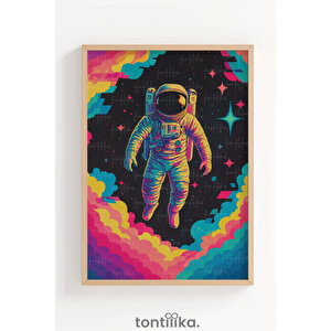 Renkli Astronot Tasarımı Dekoratif Ahşap Çerçeveli Tablo – Uzay Ve Neon Sanat Duvar Dekoru 30x42 cm