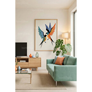 Renkli Soyut Kuş İllüstrasyonu Dekoratif Ahşap Çerçeveli Tablo – Kuş Tema 21x30 cm