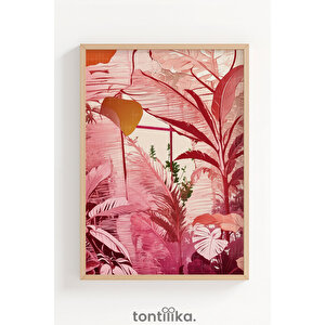 Pembe Tropikal Yaprak Kompozisyonu Dekoratif Ahşap Çerçeveli Tablo – Bitki Ve Çiçek Tema 21x30 cm