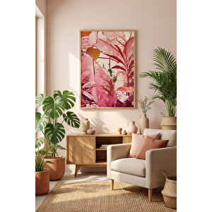 Pembe Tropikal Yaprak Kompozisyonu Dekoratif Ahşap Çerçeveli Tablo – Bitki Ve Çiçek Tema 30x42 cm