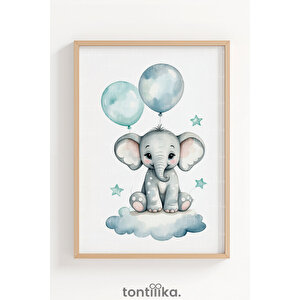 Pastel Balonlu Sevimli Fil Dekoratif Ahşap Çerçeveli Tablo – Bebek Odası Dekoru 30x42 cm