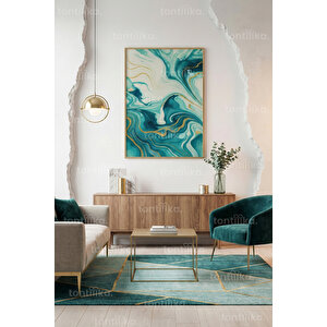 Su Ve Altın Dokusunda Akışkan Formlar Dekoratif Ahşap Çerçeveli Tablo – Modern Duvar Dekoru 21x30 cm