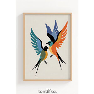 Renkli Soyut Kuş İllüstrasyonu Dekoratif Ahşap Çerçeveli Tablo – Kuş Tema 50x70 cm