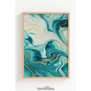 Su Ve Altın Dokusunda Akışkan Formlar Dekoratif Ahşap Çerçeveli Tablo – Modern Duvar Dekoru 50x70 cm