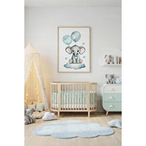 Pastel Balonlu Sevimli Fil Dekoratif Ahşap Çerçeveli Tablo – Bebek Odası Dekoru 21x30 cm