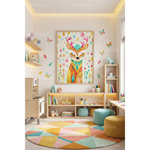 Rengarenk Geyik İllüstrasyonu Dekoratif Ahşap Çerçeveli Tablo – Çocuk Odası Duvar Dekoru 30x42 cm