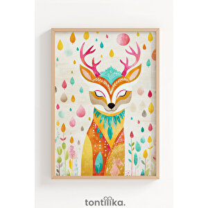 Rengarenk Geyik İllüstrasyonu Dekoratif Ahşap Çerçeveli Tablo – Çocuk Odası Duvar Dekoru 30x42 cm