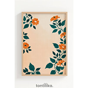 Turuncu Çiçek Ve Yeşil Yaprak Desenli 1. Kalite Ahşap Çerçeveli Dekoratif Tablo – Tekli-30x42 30x42 cm