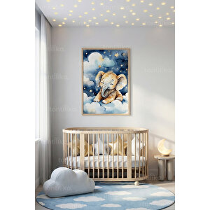 Bulutlar Üzerinde Sevimli Fil Dekoratif Ahşap Çerçeveli Tablo – Çocuk Odası Duvar Dekoru 21x30 cm