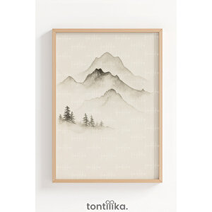 Sisli Dağ Manzarası Dekoratif Ahşap Çerçeveli Tablo – Minimal Doğa Temalı Duvar Dekoru 21x30 cm