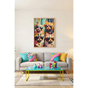 Renkli Gözlüklü Kediler 1. Kalite Ahşap Çerçeveli Dekoratif Tablo – Tekli-50x70 50x70 cm