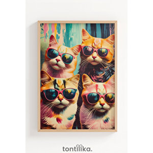 Renkli Gözlüklü Kediler 1. Kalite Ahşap Çerçeveli Dekoratif Tablo – Tekli-50x70 50x70 cm