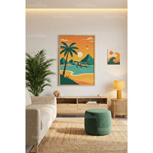 Tropik Sahil Gün Batımı Dekoratif Ahşap Çerçeveli Tablo – Modern Yaz Temalı Duvar Dekoru 50x70 cm