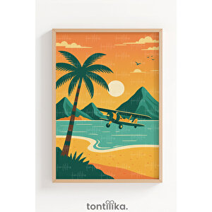 Tropik Sahil Gün Batımı Dekoratif Ahşap Çerçeveli Tablo – Modern Yaz Temalı Duvar Dekoru 50x70 cm