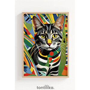 Renkli Kedi Portresi 1. Kalite Ahşap Çerçeveli Dekoratif Tablo – Tekli-30x42 30x42 cm