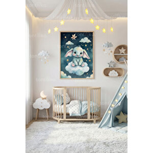 Bulutlar Üzerinde Sevimli Tavşan Dekoratif Ahşap Çerçeveli Tablo – Çocuk Odası Duvar Dekoru 50x70 cm