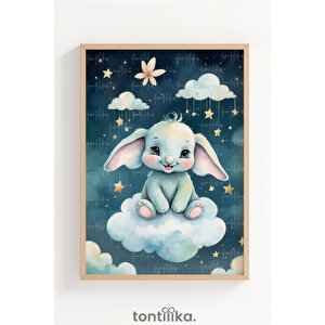 Bulutlar Üzerinde Sevimli Tavşan Dekoratif Ahşap Çerçeveli Tablo – Çocuk Odası Duvar Dekoru 50x70 cm