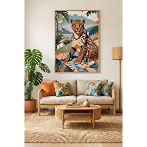 Leopar Tropikal Kompozisyon Dekoratif Ahşap Çerçeveli Tablo – Doğa Tema 21x30 cm