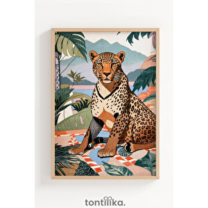 Leopar Tropikal Kompozisyon Dekoratif Ahşap Çerçeveli Tablo – Doğa Tema 50x70 cm