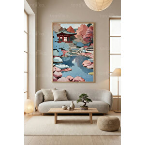 Japon Bahçesi Ve Pagoda Manzarası Dekoratif Ahşap Çerçeveli Tablo – Doğa Tema 50x70 cm