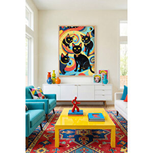 Renkli Siyah Kediler 1. Kalite Ahşap Çerçeveli Dekoratif Tablo – Tekli-30x42 30x42 cm