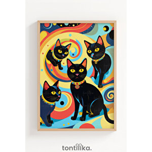 Renkli Siyah Kediler 1. Kalite Ahşap Çerçeveli Dekoratif Tablo – Tekli-30x42 30x42 cm
