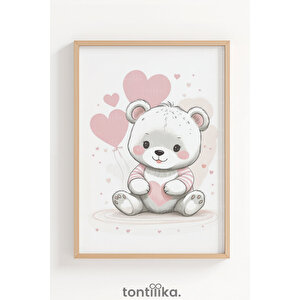 Kalpli Sevimli Ayıcık Dekoratif Ahşap Çerçeveli Tablo – Çocuk Odası Duvar Dekoru 50x70 cm