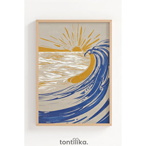 Sıcak Tonlarda Soyut Dalga Ve Güneş Kompozisyonu Dekoratif Ahşap Çerçeveli Tablo – Doğa Tema 30x42 cm