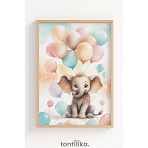 Pastel Balonlu Sevimli Fil Çocuk Odası Dekoratif Ahşap Çerçeveli Tablo – Çocuk Tema 21x30 cm