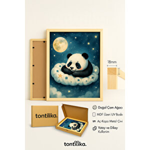 Pastel Panda İllüstrasyon Dekoratif Ahşap Çerçeveli Tablo – Çocuk Odası Duvar Dekoru