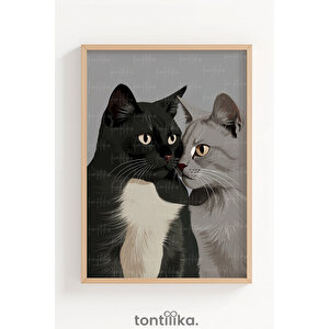 Kedi Çift İllüstrasyonu Dekoratif Ahşap Çerçeveli Tablo – Illistrasyon Tema-50x70 50x70 cm