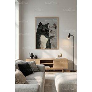 Kedi Çift İllüstrasyonu Dekoratif Ahşap Çerçeveli Tablo – Illistrasyon Tema-30x42 30x42 cm