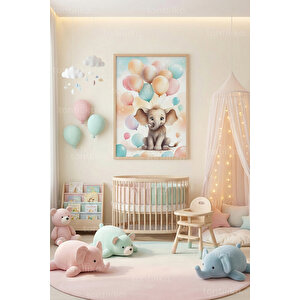 Pastel Balonlu Sevimli Fil Çocuk Odası Dekoratif Ahşap Çerçeveli Tablo – Çocuk Tema 30x42 cm