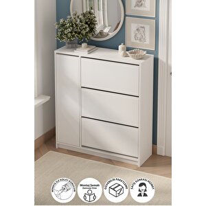 Düşer Kapak Ayakkabılık 4 Kapaklı 6 Bölmeli Kayar Raflı Ayakkabılık Gizem Beyaz