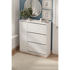 Düşer Kapak Ayakkabılık 4 Kapaklı 6 Bölmeli Kayar Raflı Ayakkabılık Gizem Beyaz