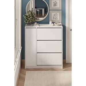 Düşer Kapak Ayakkabılık 4 Kapaklı 6 Bölmeli Kayar Raflı Ayakkabılık Gizem Beyaz