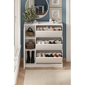 Düşer Kapak Ayakkabılık 4 Kapaklı 6 Bölmeli Kayar Raflı Ayakkabılık Gizem Beyaz
