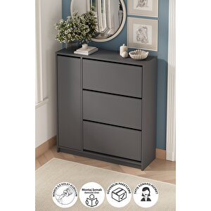 Düşer Kapak Ayakkabılık 4 Kapaklı 6 Bölmeli Kayar Raflı Ayakkabılık Gizem Antrasit