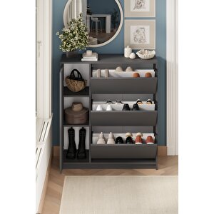 Düşer Kapak Ayakkabılık 4 Kapaklı 6 Bölmeli Kayar Raflı Ayakkabılık Gizem Antrasit