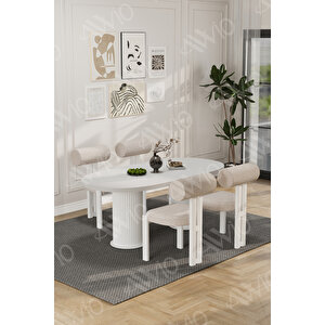 Lora Serisi Bohem Ayak 4'lü Metal Pofi Demonte Sandalye 80x140 Masa Sandalye Takımı Beyaz