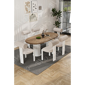 Lizy Bohem Ayak 6'lı Metal Pofi Demonte Sandalye 80x160 Masa Sandalye Takımı Beyaz