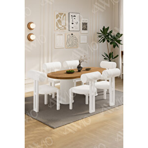 Lizy Bohem Ayak 6'lı Metal Pofi Demonte Sandalye 80x160 Masa Sandalye Takımı Beyaz