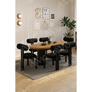 Tia Bohem Ayak 6'lı Metal Pofi Demonte Sandalye 80x160 Masa Sandalye Takımı Siyah