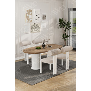 Lora Serisi Bohem Ayak 4'lü Metal Pofi Demonte Sandalye 80x140 Masa Sandalye Takımı Beyaz