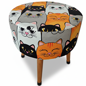 Kedi Desenli Dekoratif Puf Tabure – Ahşap Ayaklı Çok Amaçlı Çocuk Odası Pufu